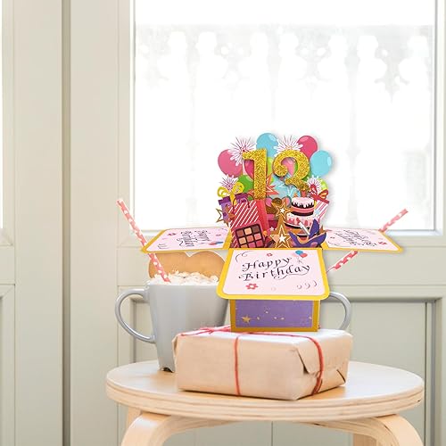 Miniatura 6 de Asmallgf Tarjeta desplegable de feliz cumpleaños número 13 para niña o niño, dulce idea de regalo de cumpleaños de 13 años para sobrina o hija,