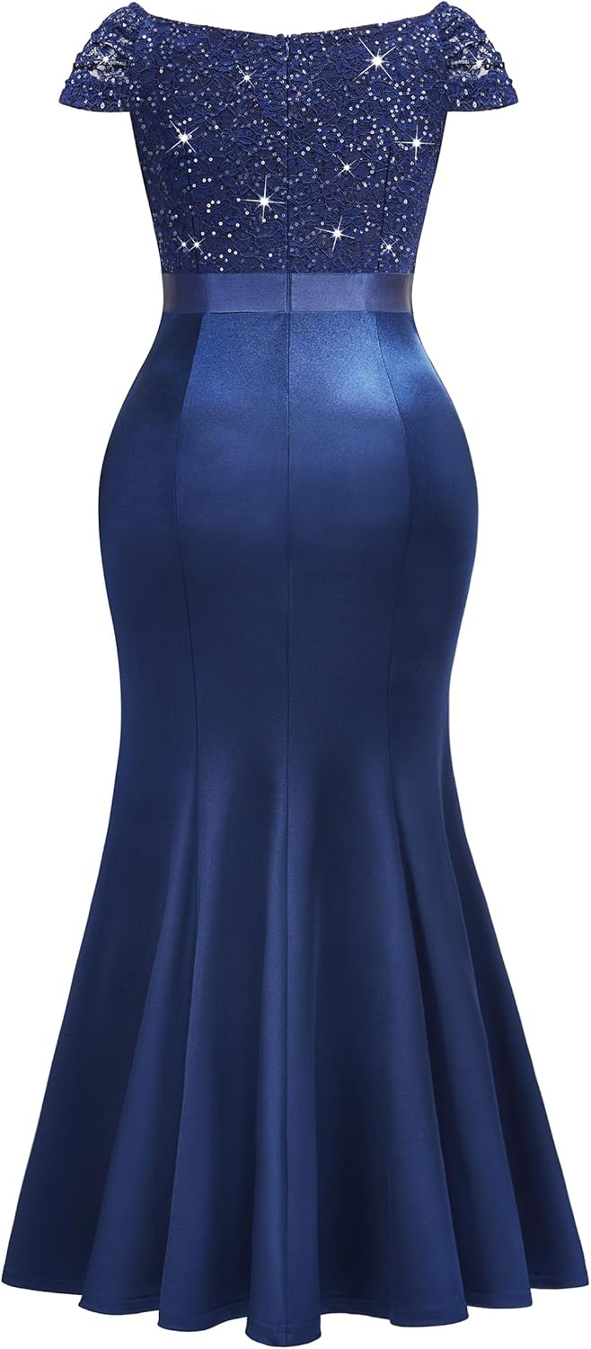 MISSMAY Women's Plus Size V Neck Sequin Lace with Satin Ruffle Trim Slit Mermaid Hem Evening Party Fomal Dress - Image 6