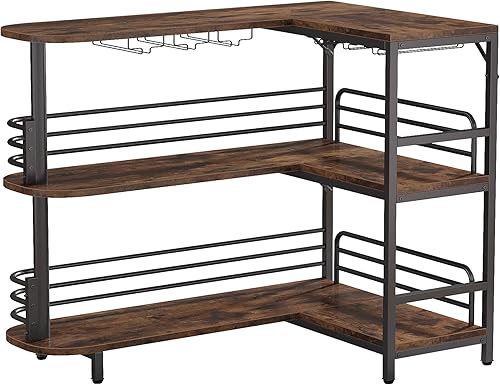 Miniatura 8 de Tribesigns Unidad de bar en forma de L, mesa de licor de 3 niveles con estantes de almacenamiento y soporte para copas de vino, gabinete de vino de