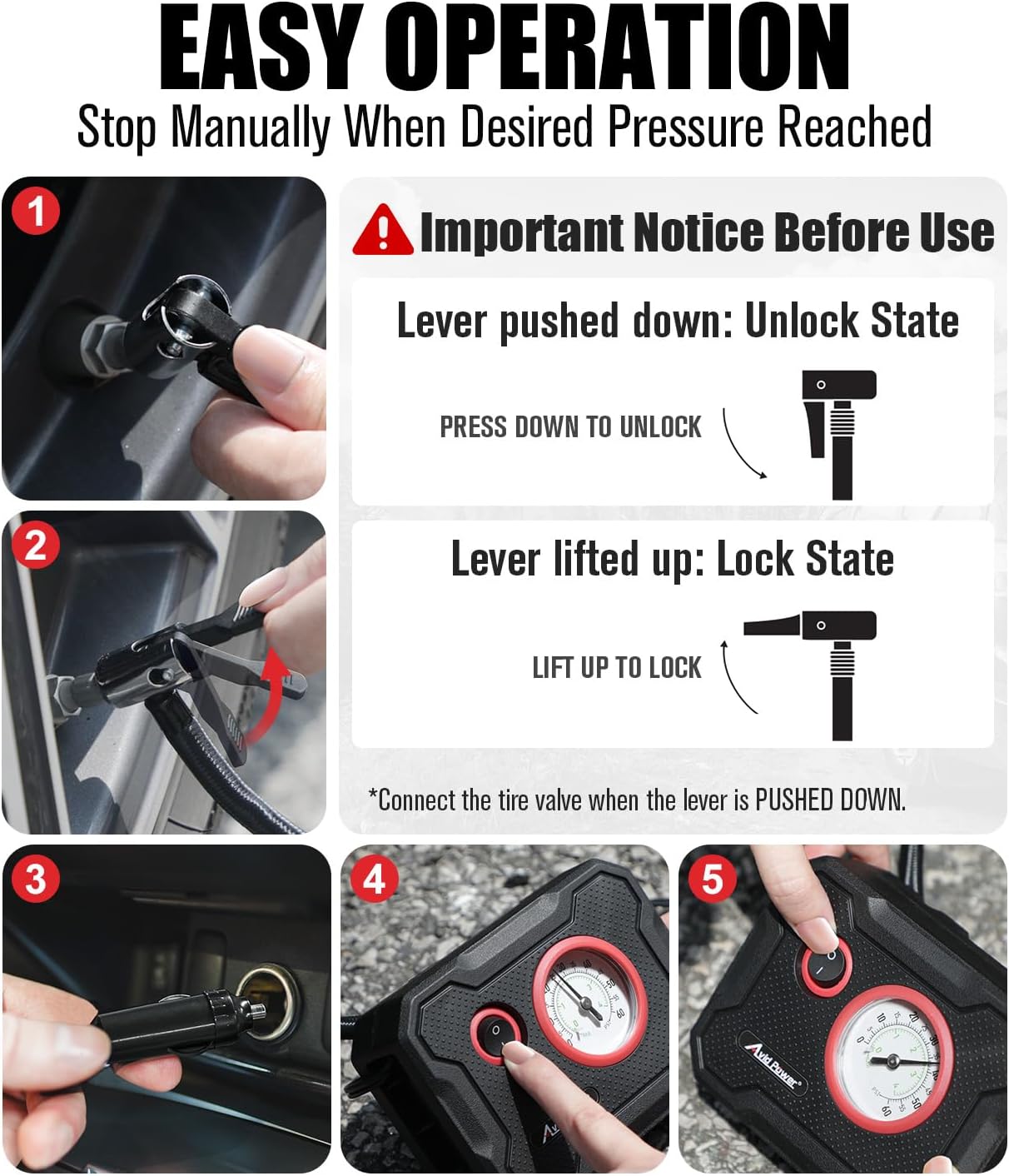 AVID POWER 12V Tire Inflator Portable Air Compressor, Portable Car Air Pump w/Display Gauge and LED Light, Air Pump for Car Tires, Bike, Motorcycle, Compact, Lightweight (Red) - Image 7
