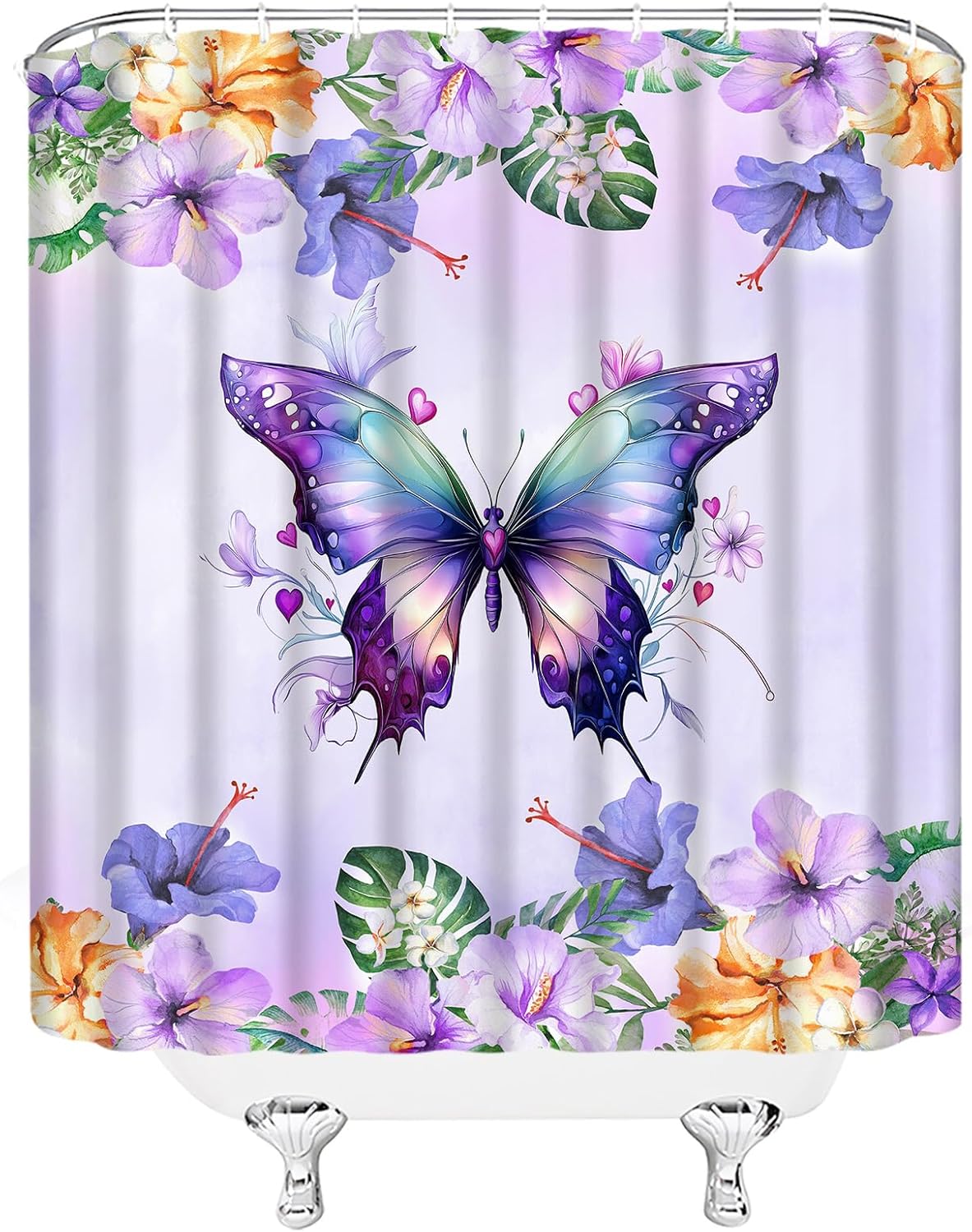 Flower Butterfly Shower Curtain Purple Butterfly Spring Lavender Lilac Floral Watercolor Home Fabric Bathroom Decor Set Include Hooks,(70" Wx74.8 H)