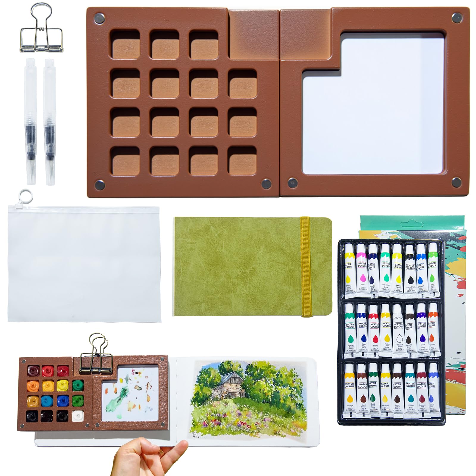 Mini Watercolour Paint Set Travel - 24 Color Portable Painting Kit with 15-Well Foldable Wooden Palette, Sketchbook & Clips, Ideal for Travel Sketching, Artists, Beginners and Students (Wood-15Grids)