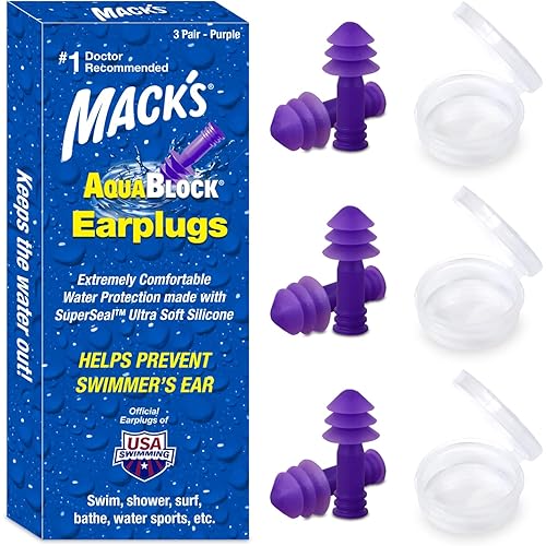 Mack's AquaBlock Swimming Earplugs, 3 Pair - Comfortable, Waterproof, Reusable Silicone Ear Plugs for Swimming, Snorkeling, Showering, Surfing and Bathing (Purple)