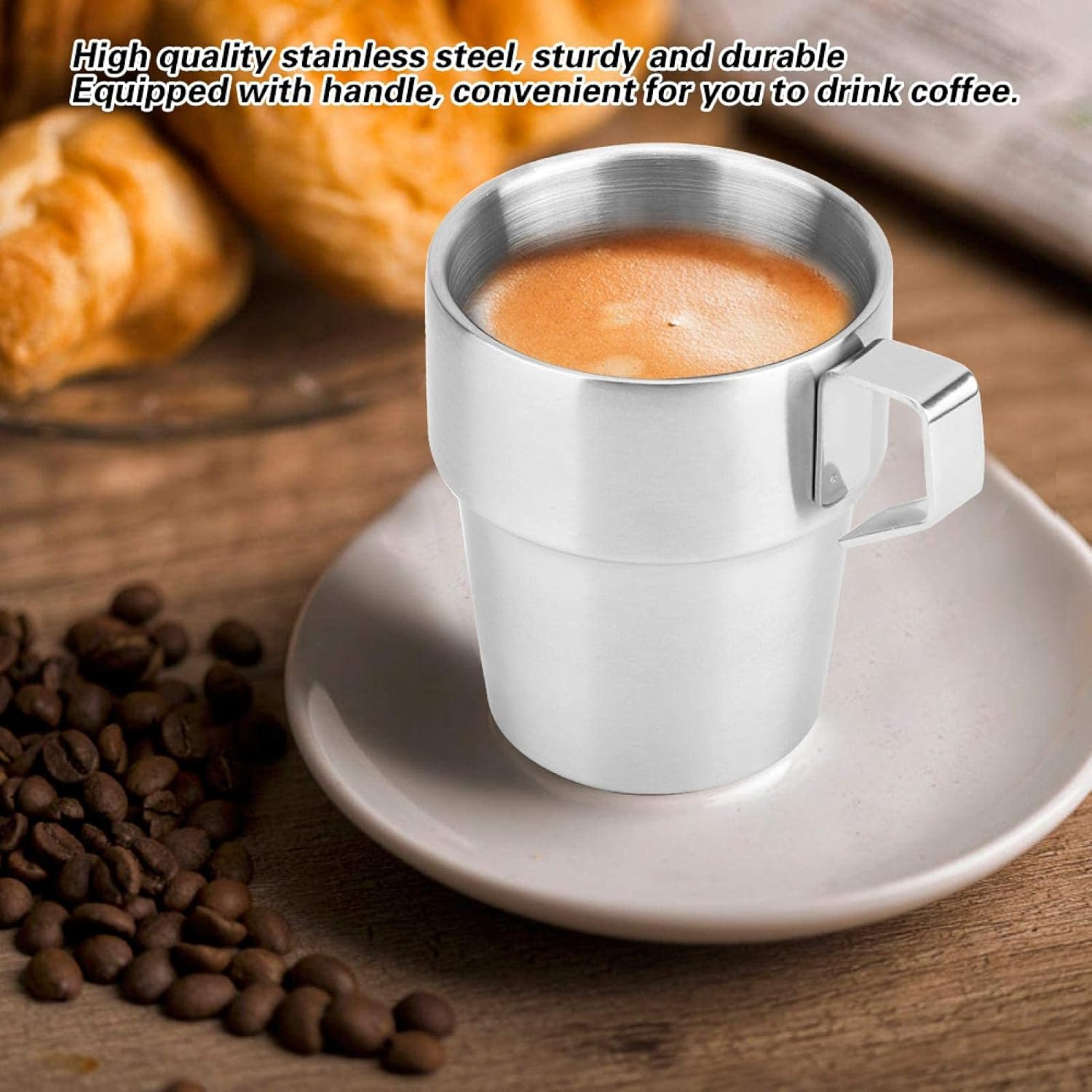 Agatige 4PCS Stackable Coffee Mugs with Rack, Stainless Steel Double Walled Insulated Expresso Coffee Breakfast Cup Set Outdoor Mug with Handle for Homes, Restaurants, Cafes, Kindergartens