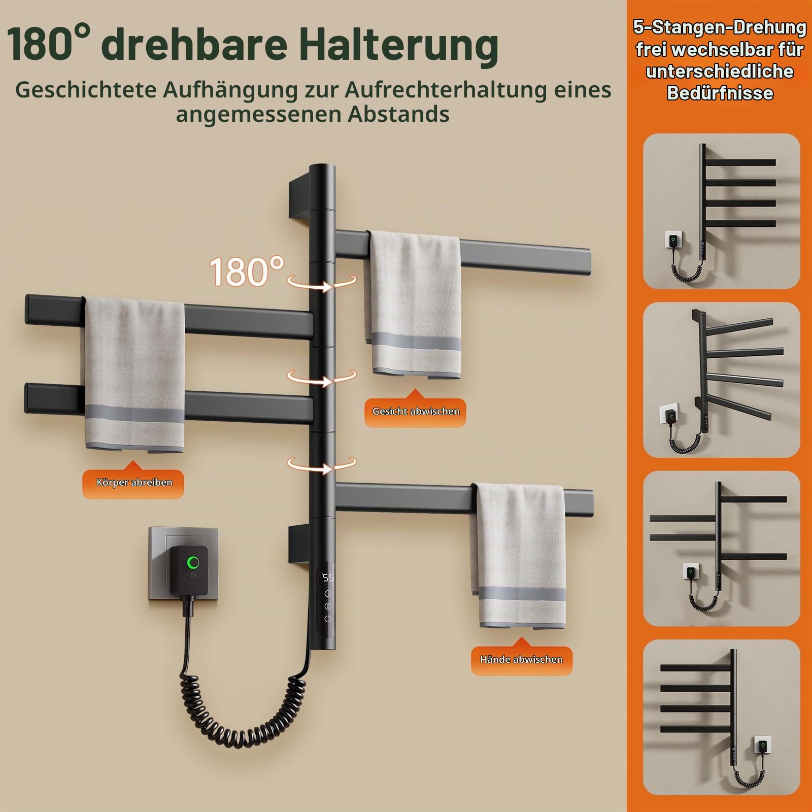 180°Drehung Bad Handtuchtrockner Elektrisch Handtuchheizkörper Elektrisch Handtuchwärmer Elektrisch Badheizkörper Heizkörper 220V 71w Mit Timer Und Thermostat 30-70℃ Schwarz