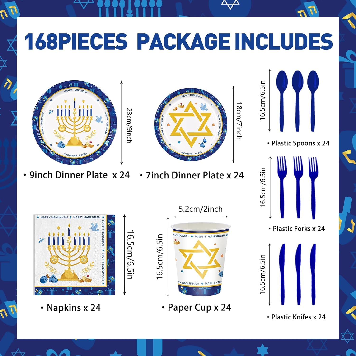 168pcs Hanukkah Party Supplies Include Plates Napkins Cups Forks for Hanukkah Decorations Paper Disposable Party Tableware Set Serve 24 Guests - Image 2