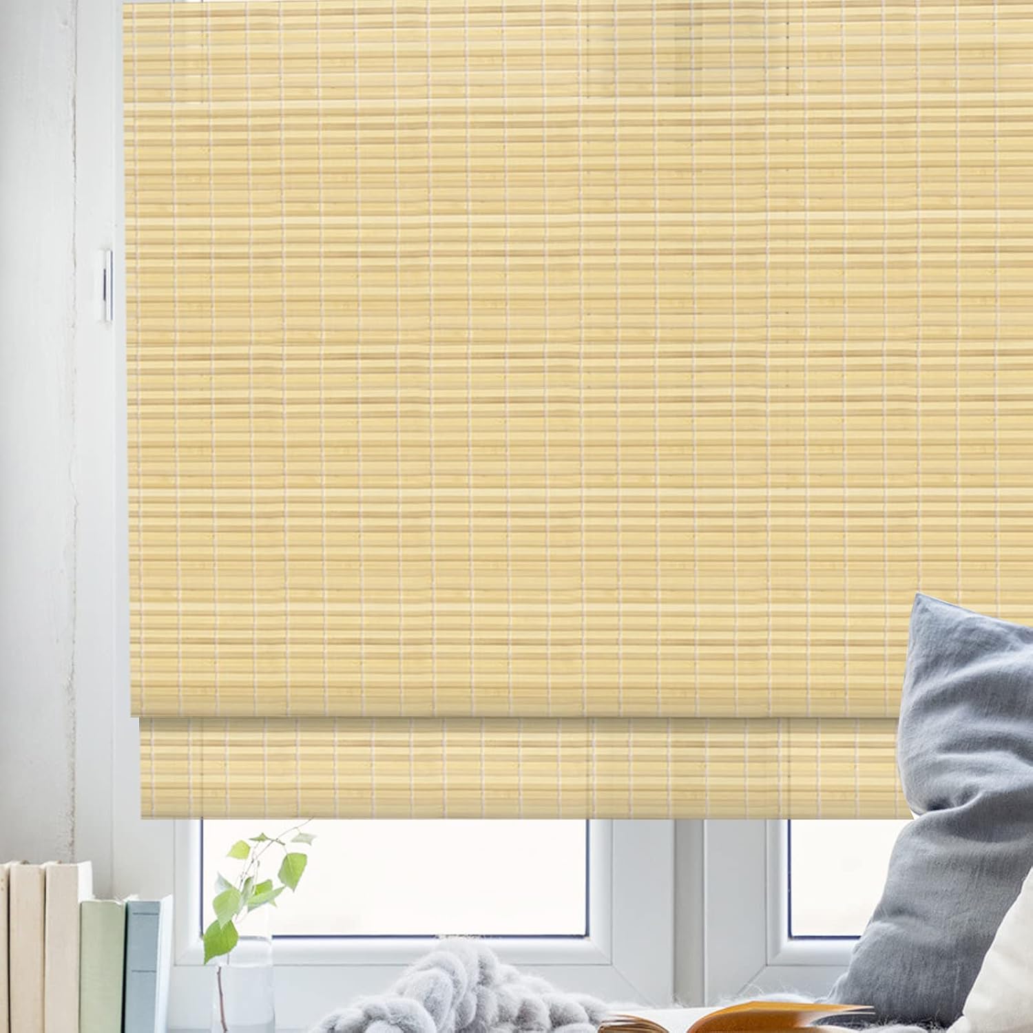 FACIMI Blackout Bamboo Roller Shades, RollUp Woven Roman