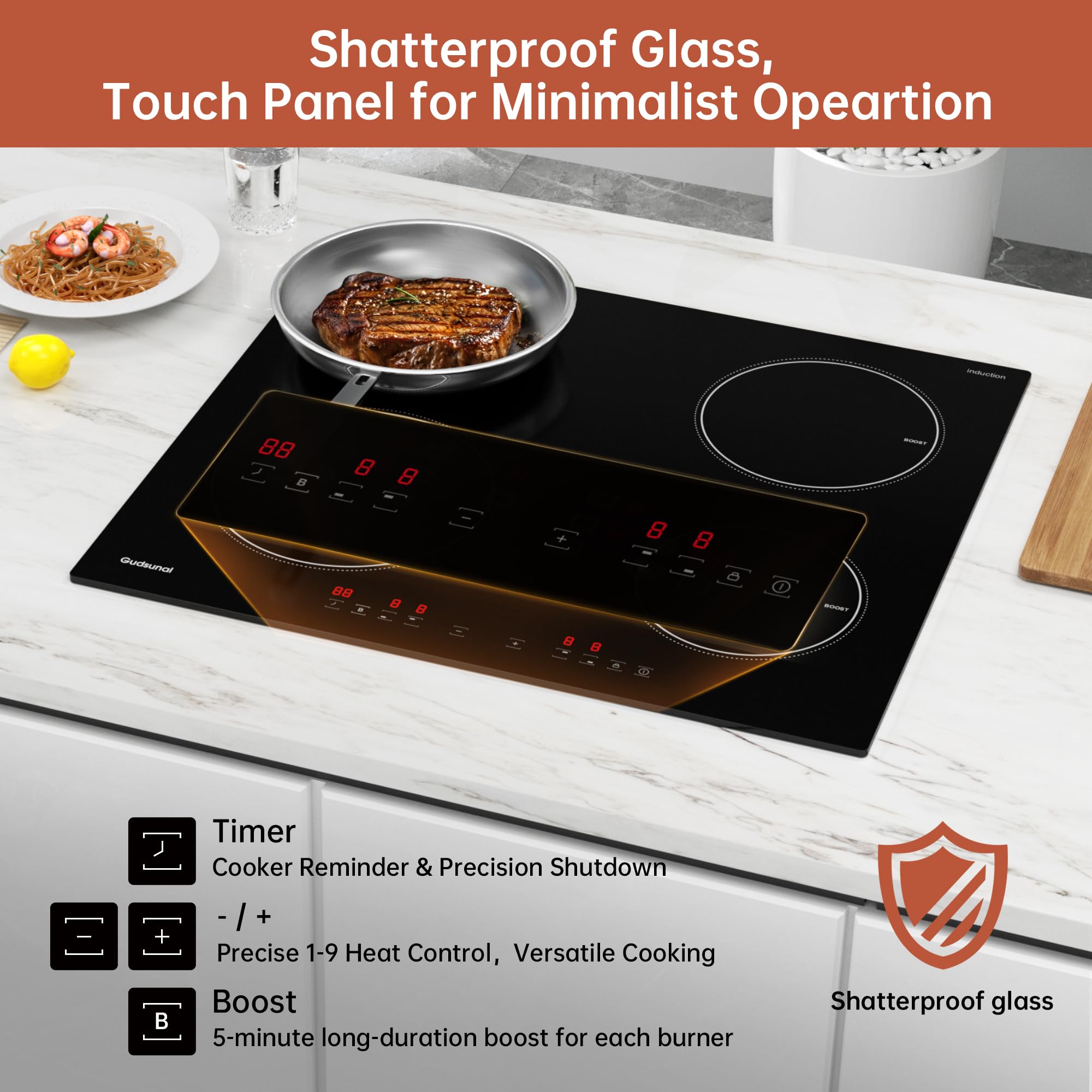 Induction Hob, 4 Cooking Zone, 60 cm, 7200W, Continuous Low Power Heating, Booster, 9 Heat Levels, Timer, Auto Shut-Off, Child Safety Lock, Pan Sensor,Hard Wired, No Plug — view 5