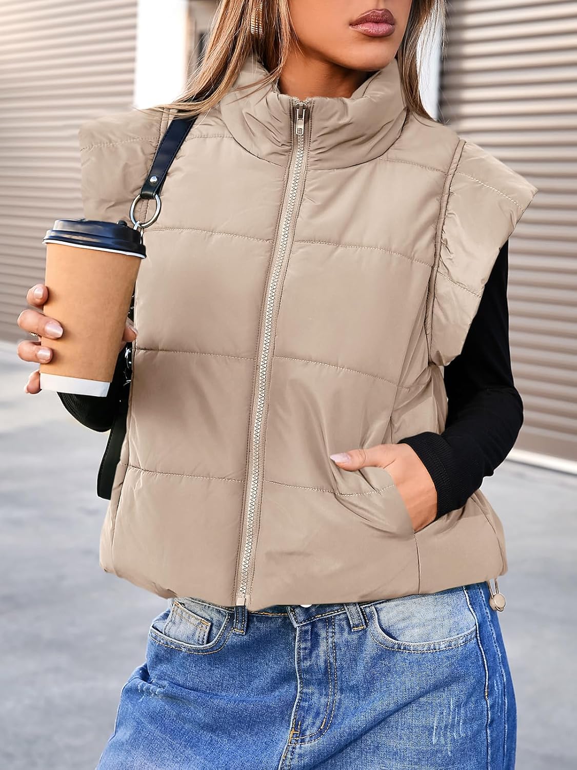 Tankaneo Womens Cropped Puffer Vest Cap Sleeve Zip Up Puffy Qulited Jacket Stand Collar Padded Gilet Coat Winter Outerwear - Image 2