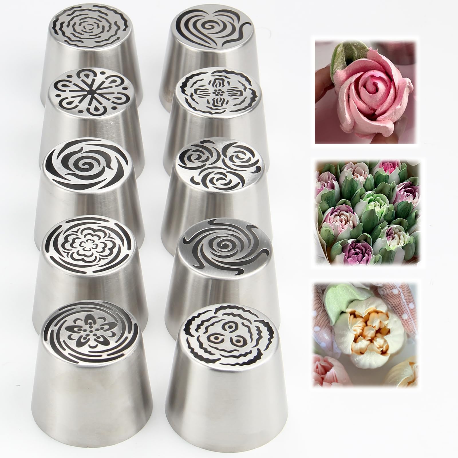 Russische Spritztüllen, extra groß, Edelstahl-Rosen-Spritztüllen für Kuchendekoration, Zuckerguss, Sahneblumenstrauß, DIY Kekse, Desserts, Backwerkzeuge (XXL, 10 A)
