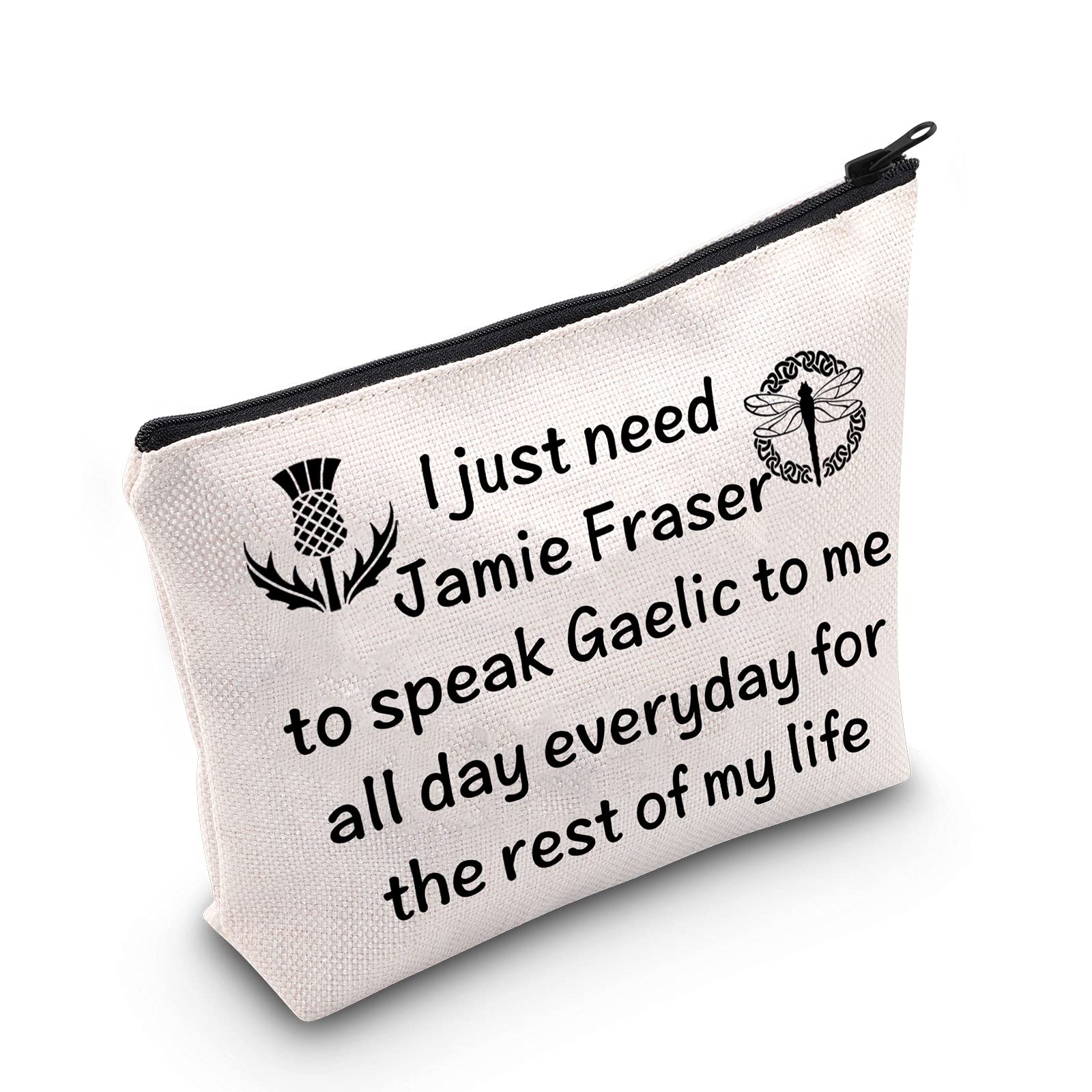 MEIKIUP Outlander Inspired Gift Sasenach Makeup Bag Scotland Thistle Cirsium Flower Gift I Just Need Jamie Fraser to Speak Gaelic Travel Zipper Cosmetic Bag, Speak Gaelic bag,
