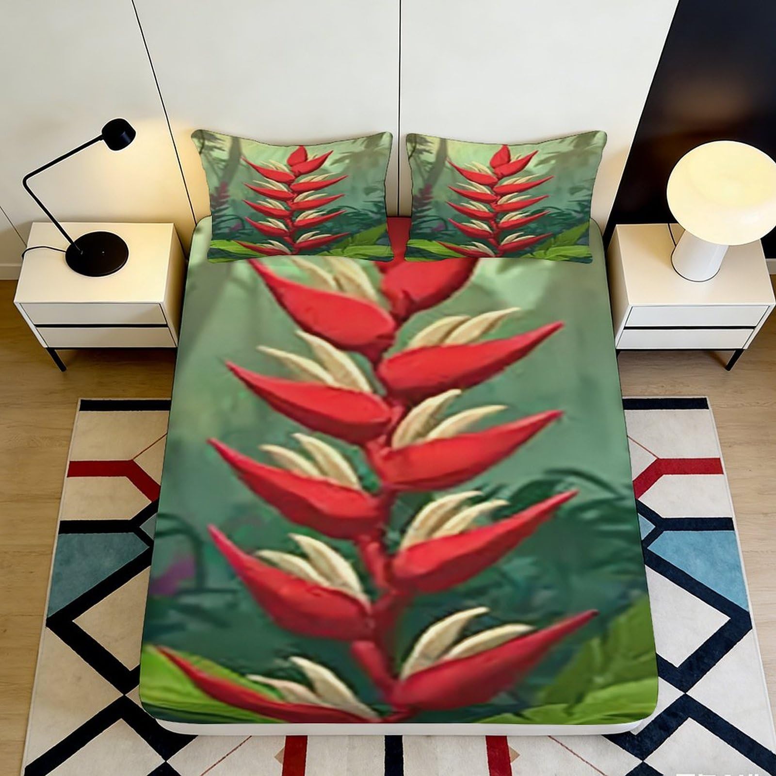 3D Printed Tropical Red Heliconia Fitted Sheet Microfiber Soft Decorative Jungle Green Bed Cover for Bedroom Guestroom 90x200x25cm