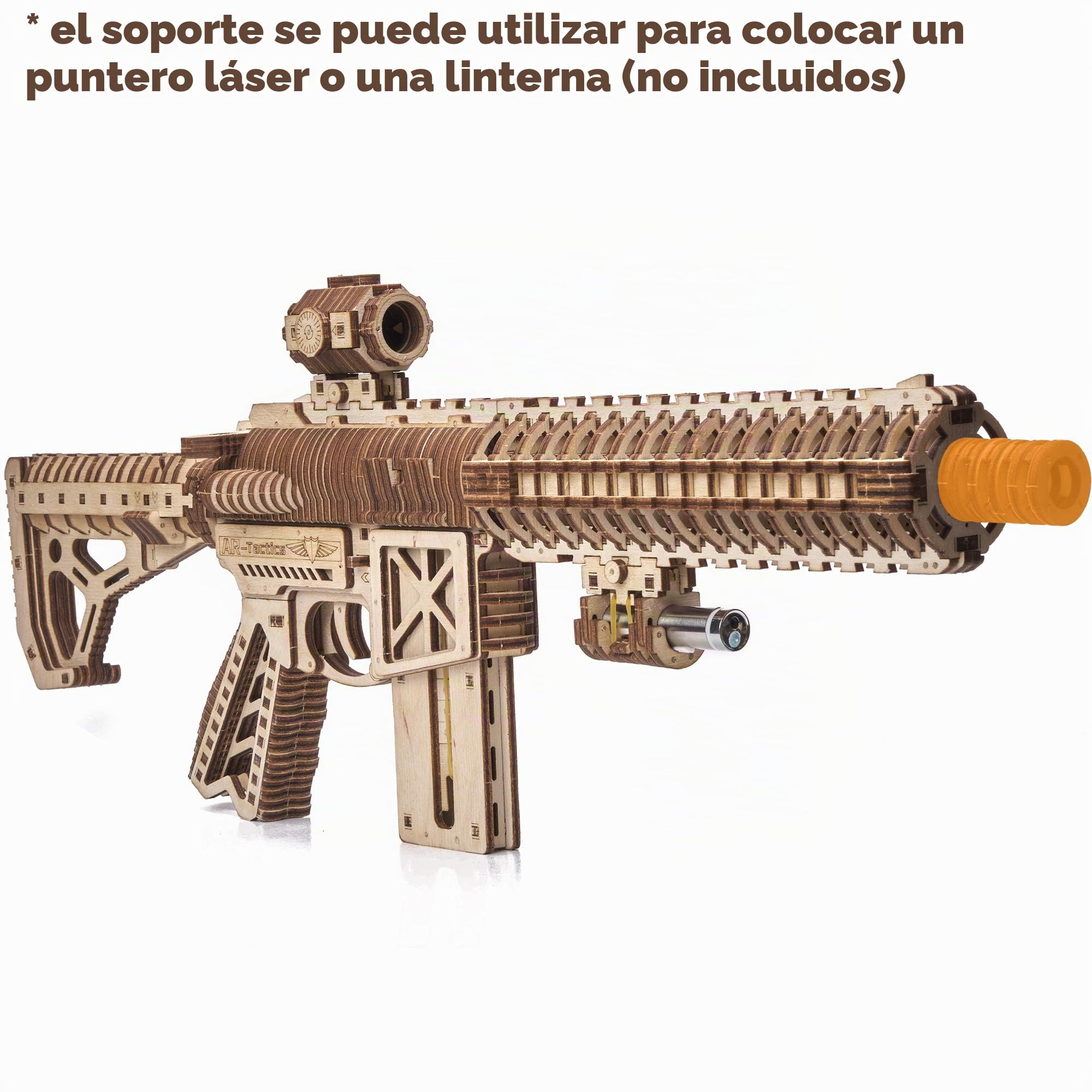 Wood Trick Assault Gun AR-T Kit de modelo para adultos para construir, con culata telescópica, fusible, mira y cargador desmontable para 12 rondas - Construcción detallada - Rompecabezas de madera