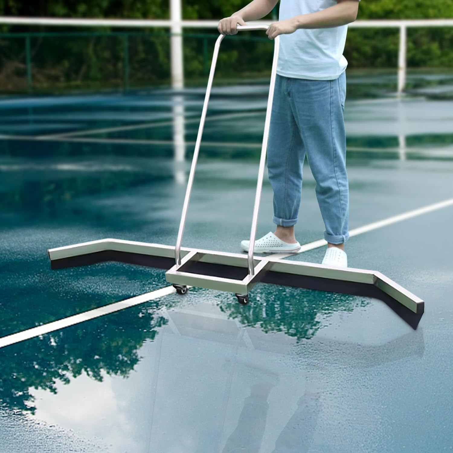 Sport Court Squeegee, Stainless Steel Large Rubber Scraper, Floor Water Remover Squeegee with Universal Wheels, Sport Tennis Court Squeegee for Basketball Courts, Car Parks, Shopping Malls