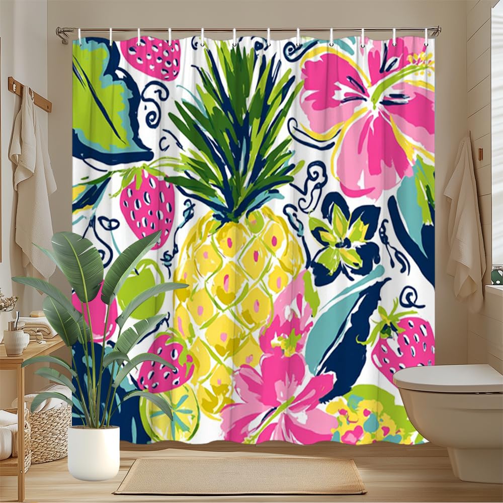 GLWDMB 1 Piece 120x180CM Tropical Pineapple Strawberry Hibiscus Printed Shower Curtain With Hook, Polyester, for Windows And Walls, Bathtub, Bathroom, Machine Washable, All Season Universal