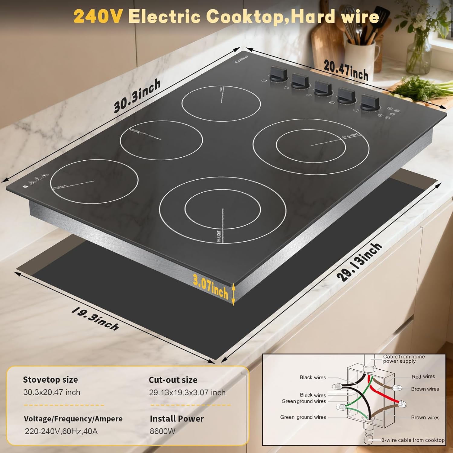 Karinear 30-inch Electric Cooktop dimensions and wiring diagram