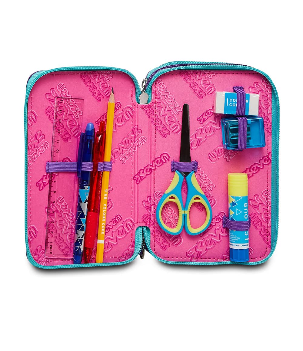 Seven Astuccio Scuola Elementare 3 scomparti con Matite Pennarelli Penne 3 Zip Trendy Heart Girl rosa/azzurro