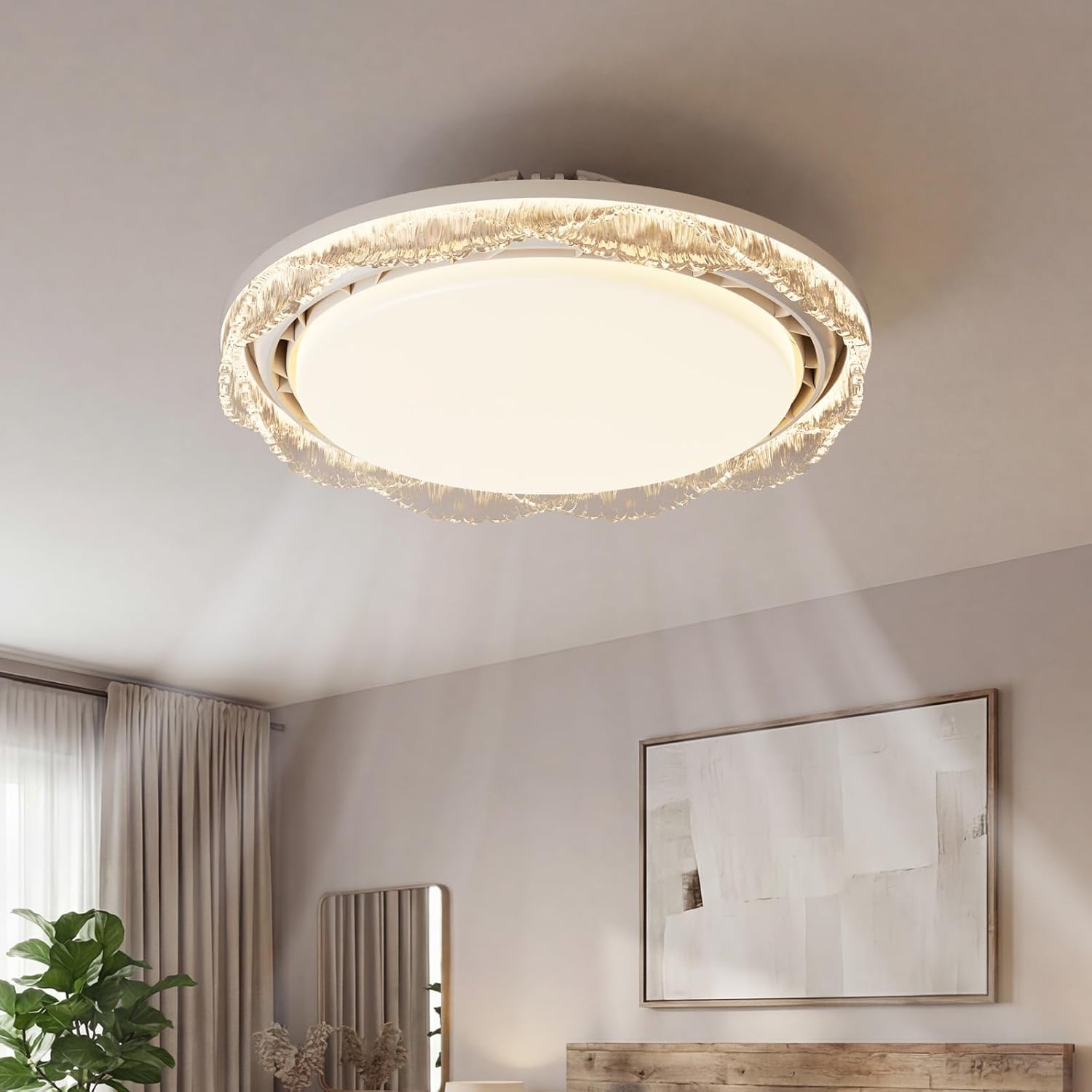 20 Inch Bladeless Ceiling Fan with Light Modern Crystal Ceiling Fan with Remote Control and 3 Level Adjustable Lighting, White Color, Suitable for Study Rooms Dining Room Laundry Room