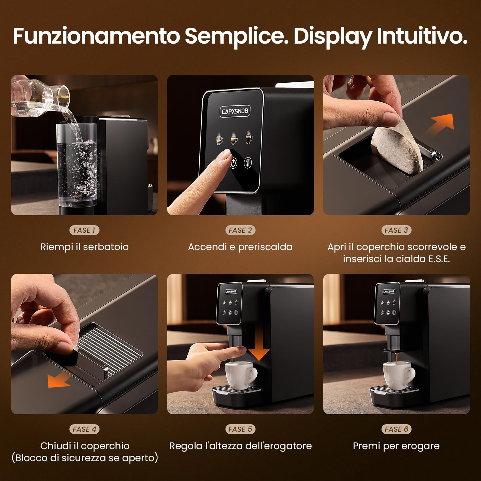 Casabar1 Macchina da Caffè per Cialde E.S.E. 44mm, Touchscreen, 4 Bevande | Pompa Italiana 19 Bar, Pre-infusione, Temp. e Quantità Regolabili, Bypass Americano, Macchina Espresso per Casa e Ufficio