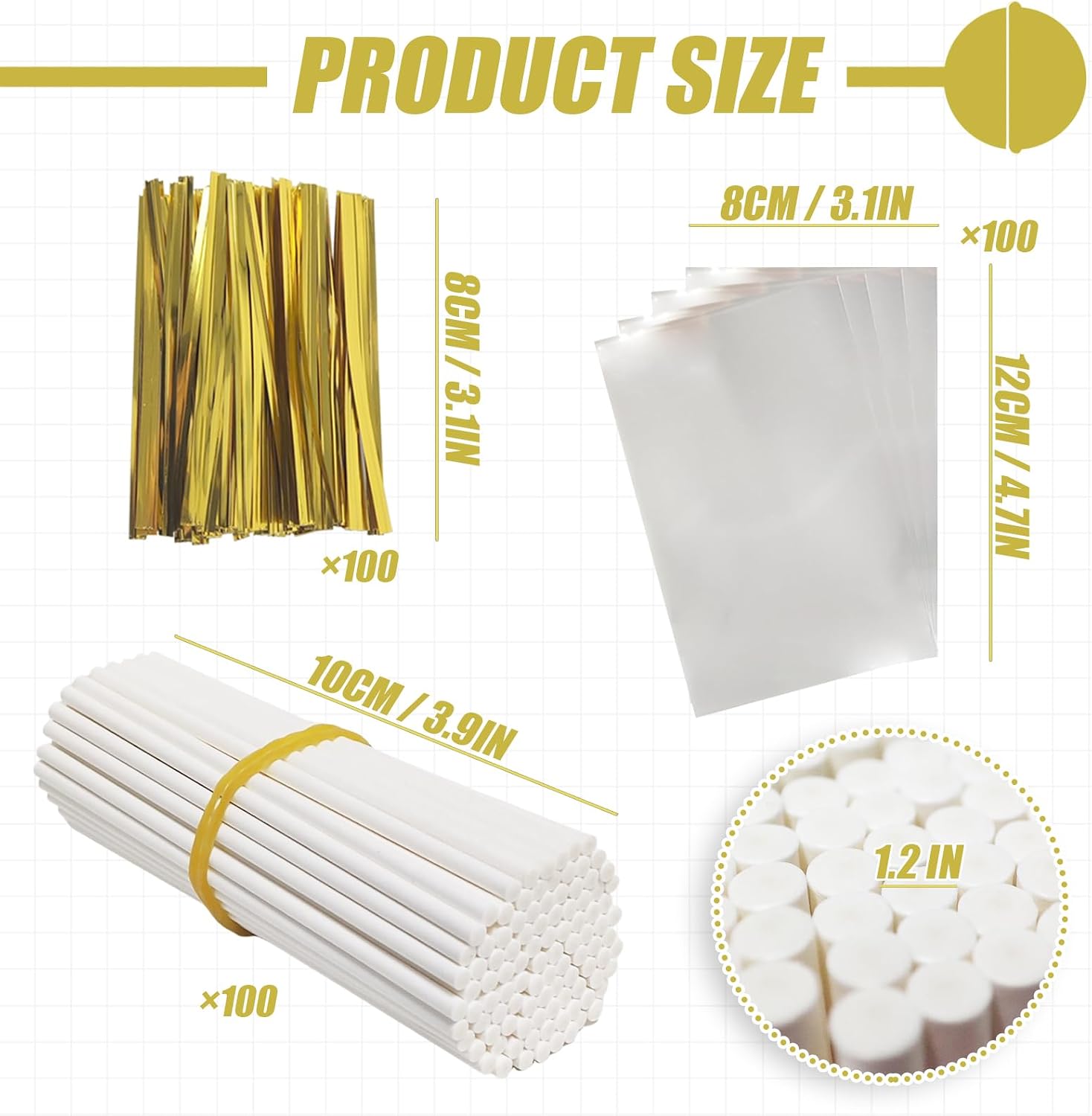 Cake Pop Sticks and Wrappers,Cake Pop Maker Set Include 100 Cake Pop Bags,Lollipop Sticks and Gold Metallic Twist Ties Meat Baller with One Handles Cake Pops Making Tools for Candies and Chocolates