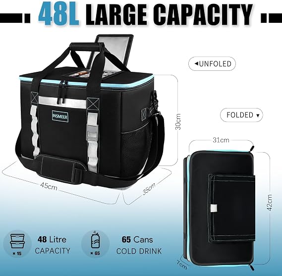 INSMEER 48L Large Cool Bag with Easy Top Access Opening, 65 Cans Foldable Cooler Bag, XXL Waterproof Cool Bag, Insulated Bag for Camping, Picnic, Beach, Hiking, Family Outdoor Activities, Festival