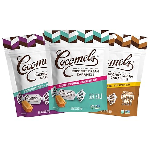 Cocomels Caramelos de leche de coco veganos orgánicos, paquete variado de tres sabores (paquete de 3)