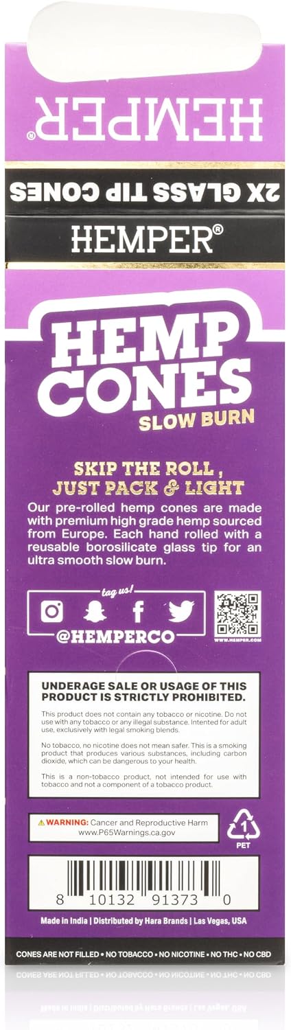 Hemper Pre-Rolled 2PK King Size Glass Tipped Natural Hemp Cones – 12ct Display | Slow-Burning, Hand-Rolled Cones with Reusable Glass Filter Tips for Smooth Smoking - (Grape)