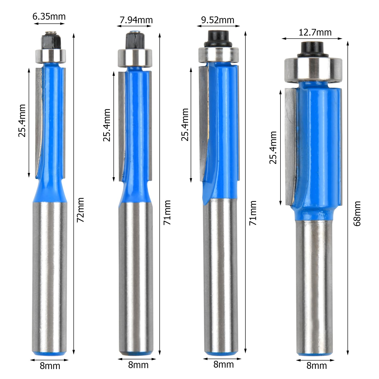 Set di 4 punte per fresatrice 8 mm, frese dritte e scanalatrici in carburo per legno, accessori per fresatrice - blu