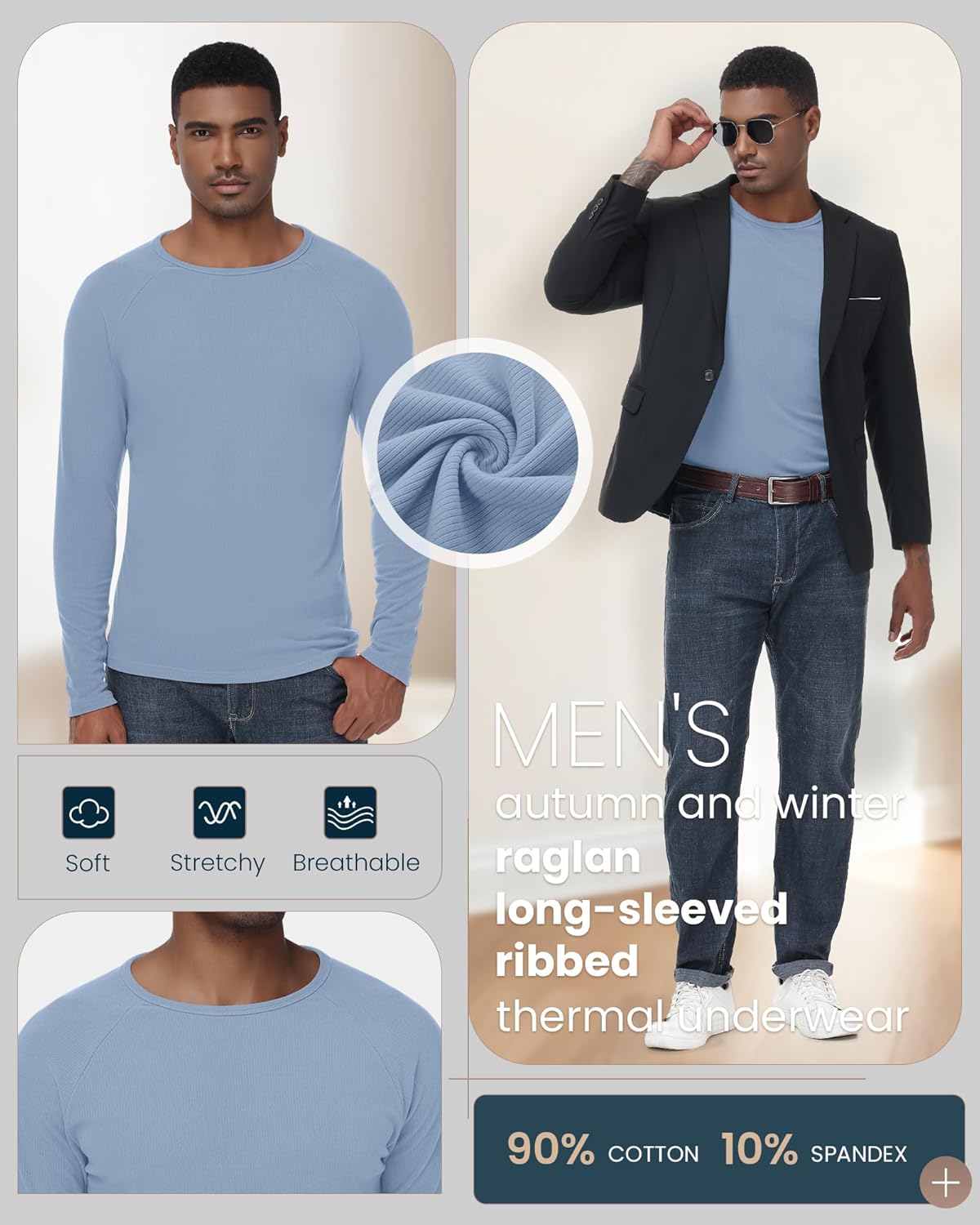 4 Pack Men's Thermal Shirts, Cotton Raglan Sweater Crew Neck Long Sleeve Ribbed Knit Pullover Slim Base Undershirt - Image 5