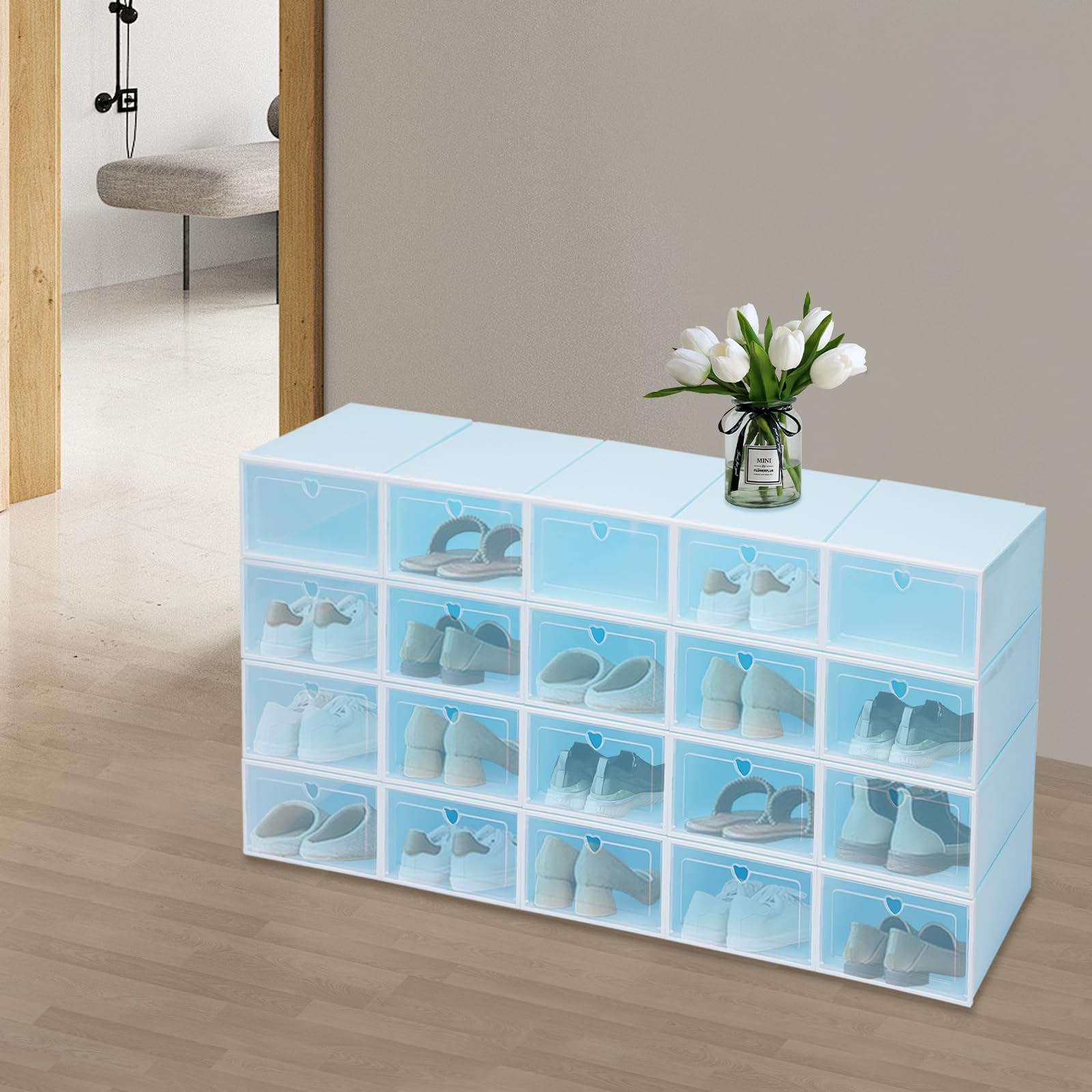 WooDerson 20 scatole per scarpe, in plastica, impilabili, trasparenti, organizer per scarpe, per uomo e donna, 23 x 33 x 14 cm (blu, trasparente)