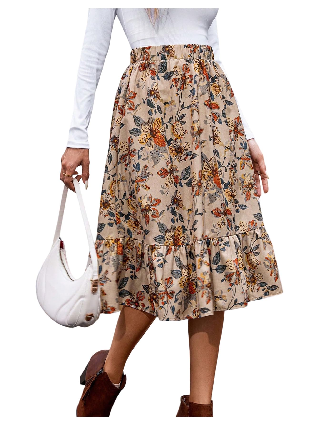 SHENHE Womens Floral A Line Flowy Skirt Elastic High Waist Ruffle Hem Fall Midi Skirt