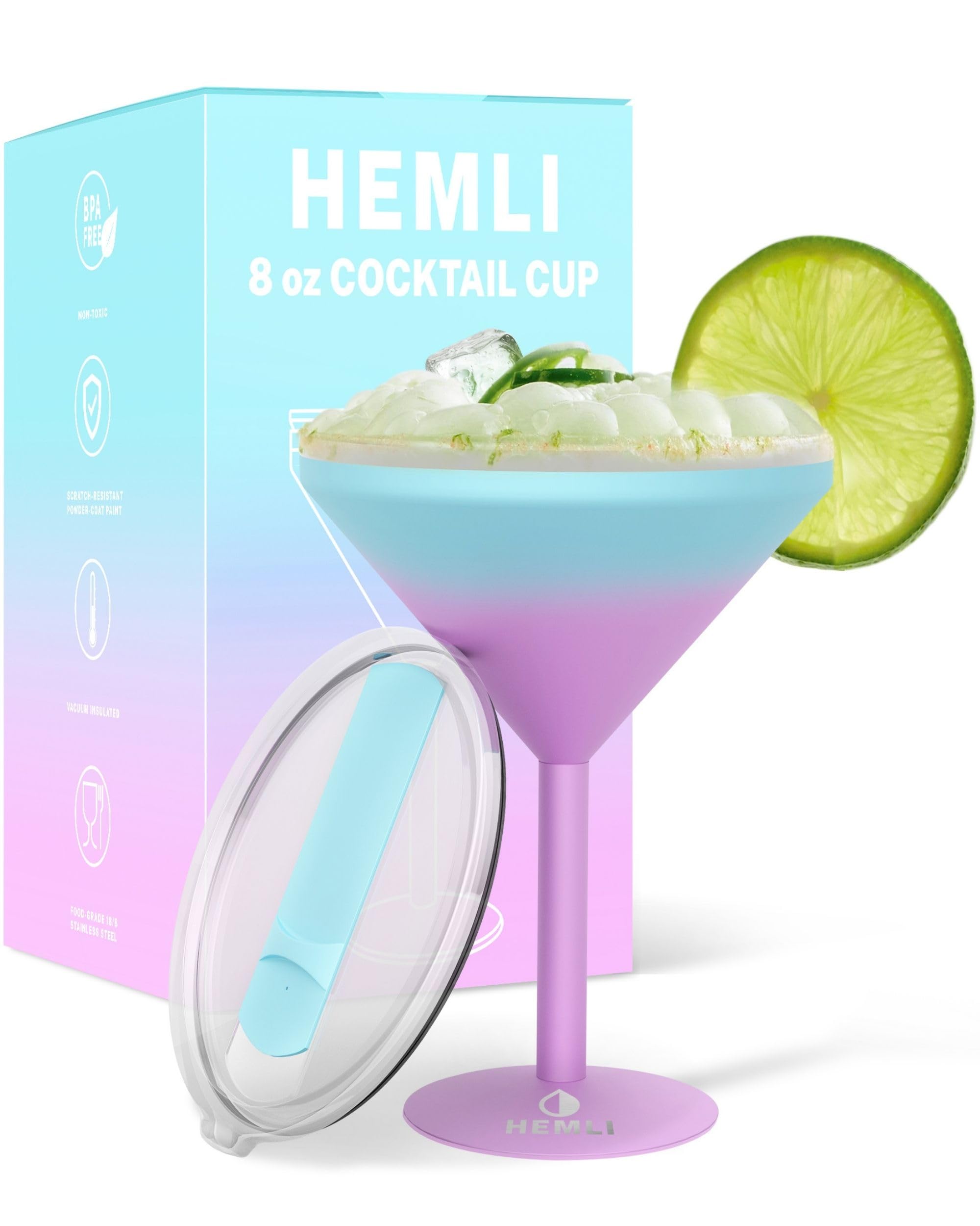 Hemli Insulated Martini Tumbler with Lid, Outdoor Martini Glass, Unbreakable Martini Tumbler, Stainless Steel - 8 oz