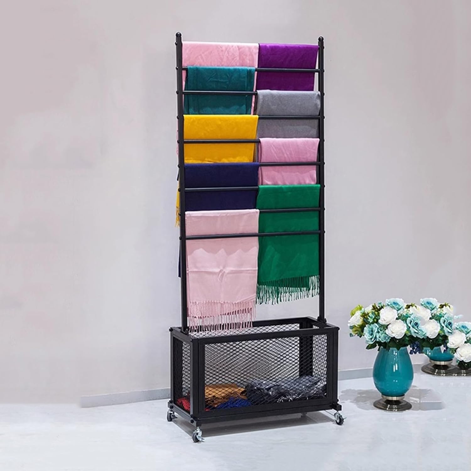 H67 Ribbon Holder Organizer Rack, Large Capacity Movable Metal Vinyl Roll/Fabric Storage with Storage Basket, Gift Wrapping Organizer Storage for Designer Artist(White,27.56x67in)