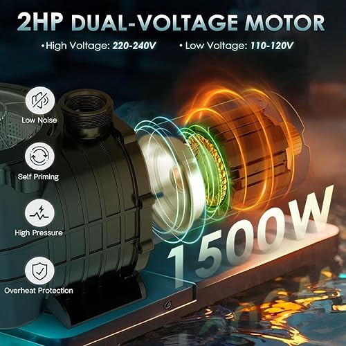 Miniatura 6 de Seeutek Bomba de piscina de 2.0 HP sobre el suelo y en el suelo, potentes bombas de piscina autorecortables de 6900 GPH con cesta de filtro de