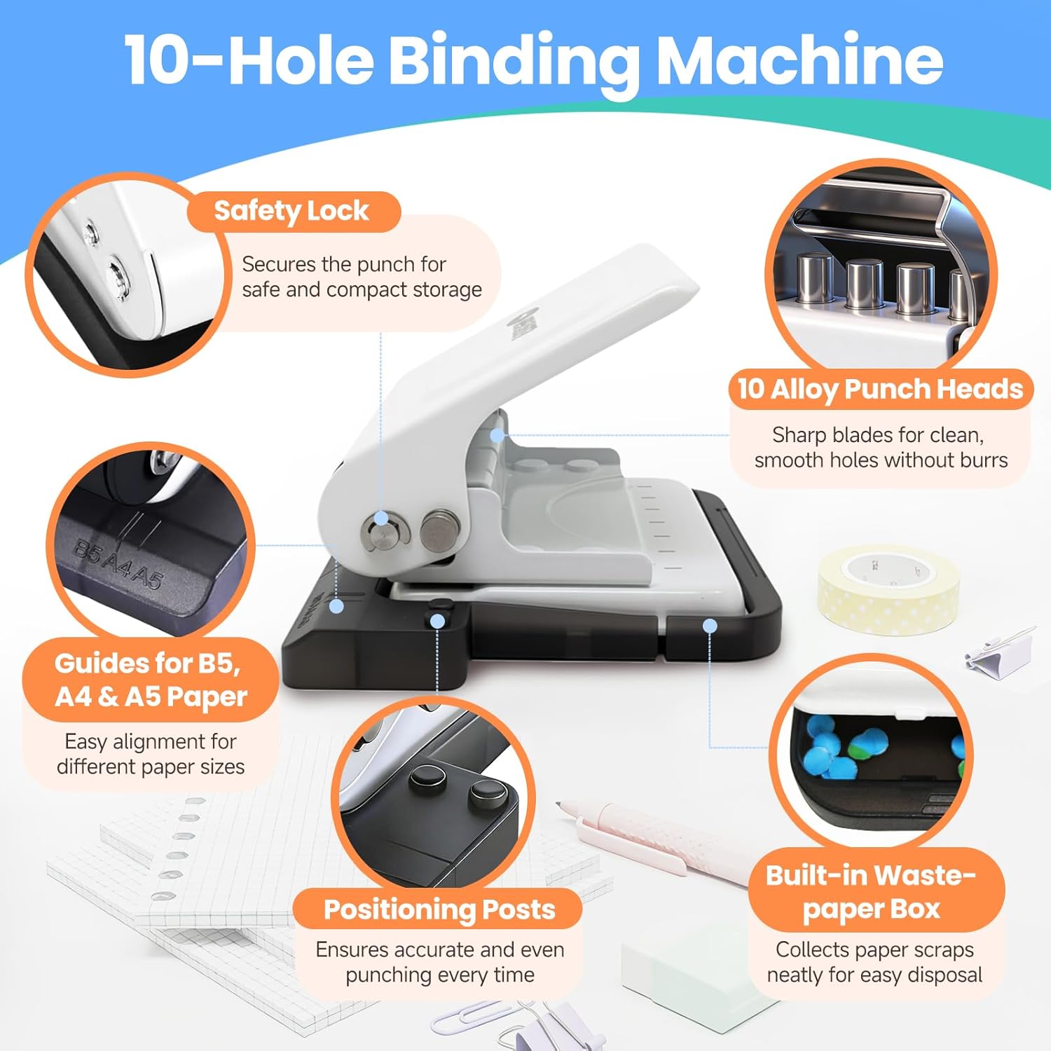 10-Hole Binding Machine for Planners, Metal Loose Leaf Punch Tool,26 Holes for B5, 30 for A4, 20 for A5 Paper, Handheld Manual Notebook Puncher for Home Office School DIY Project