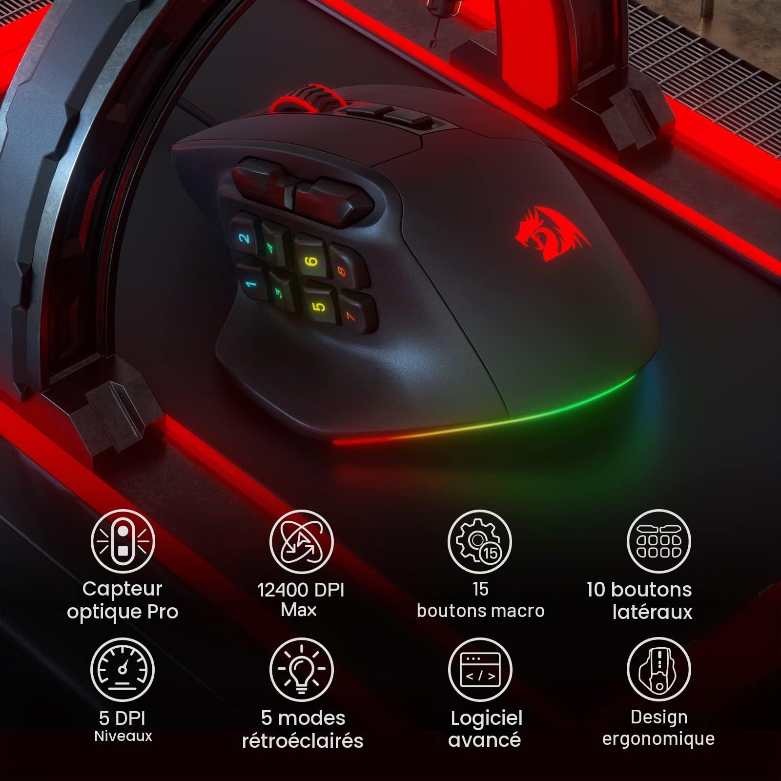 Redragon M811 Souris Gaming MMO Filaire RVB 15 Boutons | souris gaming MMO RVB filaire 15 boutons programmables prise ergonomique 10 touches macro latérales support logiciel