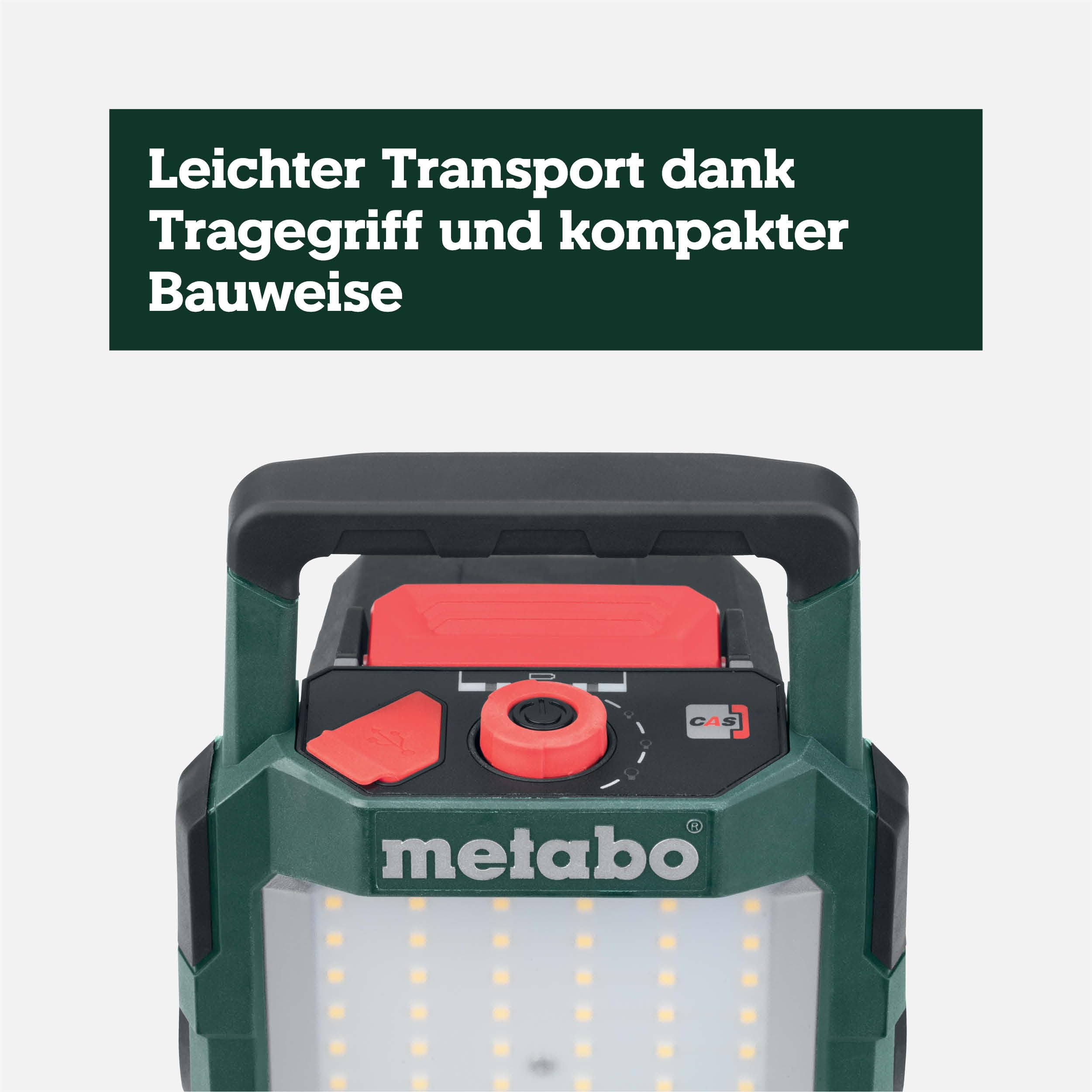 metabo Akku-Baustrahler BSA 18 LED 4000, 18 V Baustellenlampe, 4000 lm | IP54 Arbeitsleuchte mit Magnetfuss, USB-Port & 270 Grad Drehkopf, dimmbar, ohne Akku & Ladegeraet, CAS System kompatibel