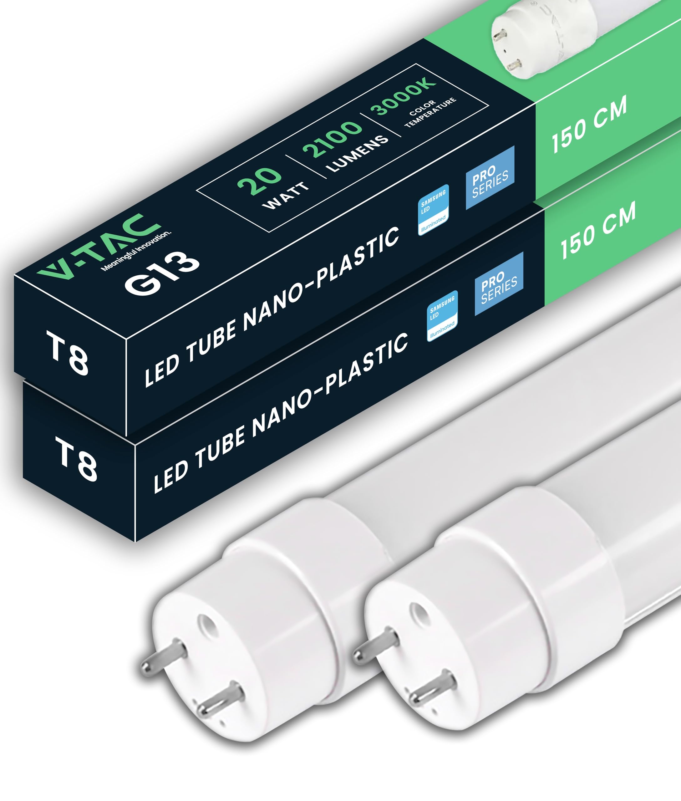 V-TAC 2x Tubo LED 150 CM - T8 G13-20W - 2100 Lúmenes - Chip Samsung - Tubos LED para Techo, Pared, garaje, Tienda - Tubo LED forma T8 - Sustitución de neón - Luz 3000K Blanco Cálido