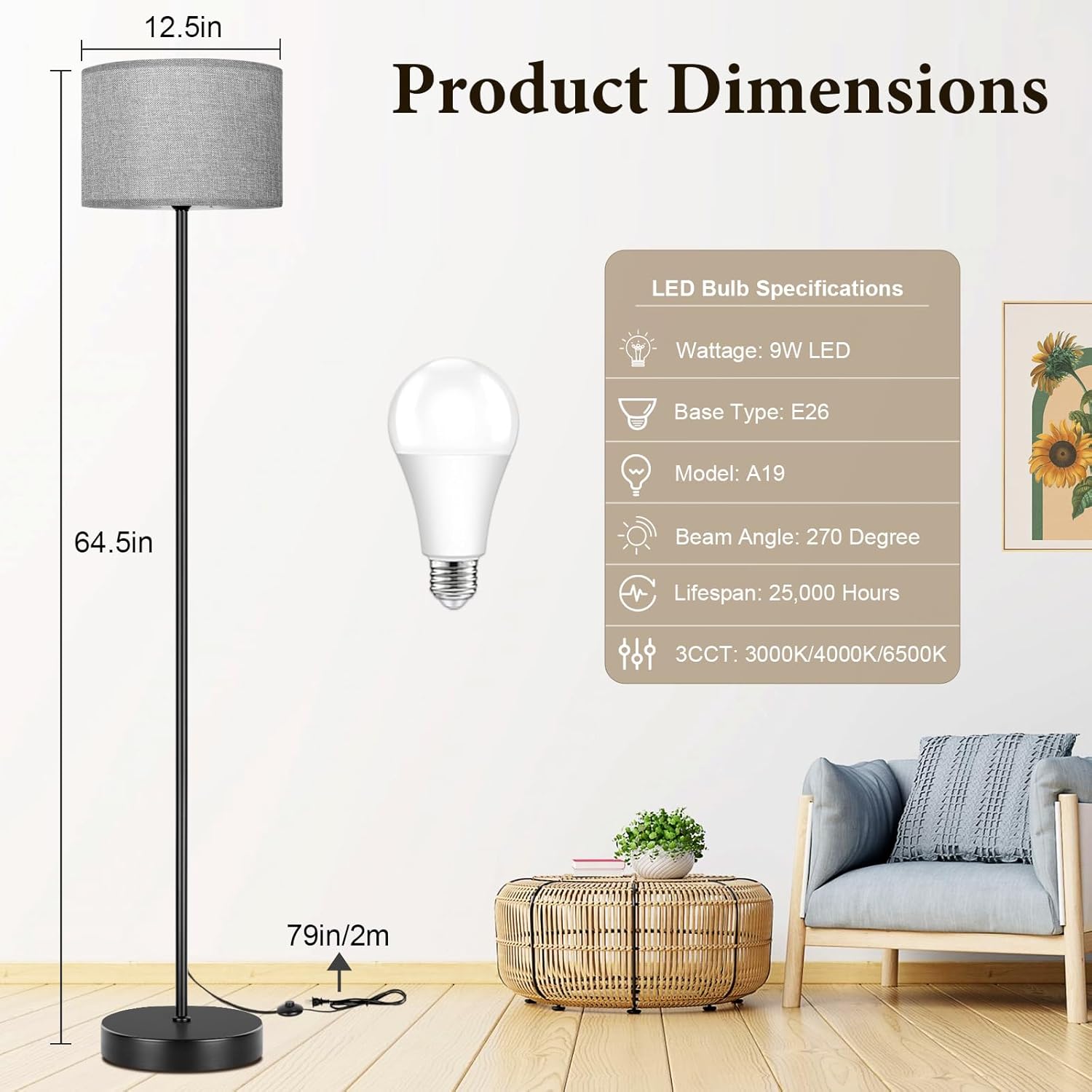65’’ Tall Floor Lamp for Bedroom, Living Room Pole Floor Light with Grey Shade, Dimmable Standing Floor Lamp with 3-Color Changing LED Bulbs, Simple Design E26 Stand-up Lamp with Foot Switch
