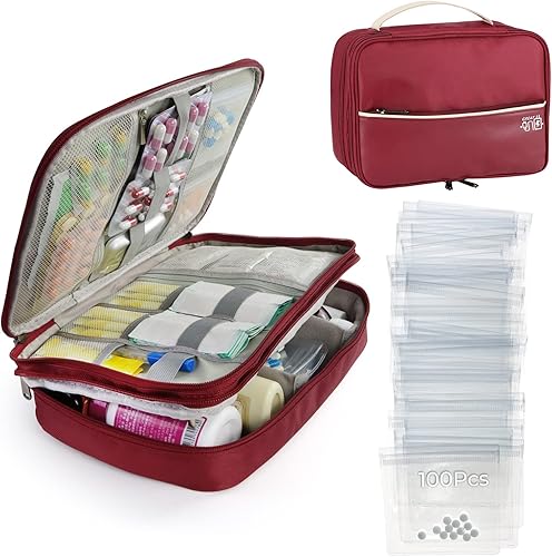 LELE LIFE Organizador de botellas de píldoras con 100 bolsas de píldoras transparentes, bolsa de medicamentos de 2 capas para viajes, organizador de