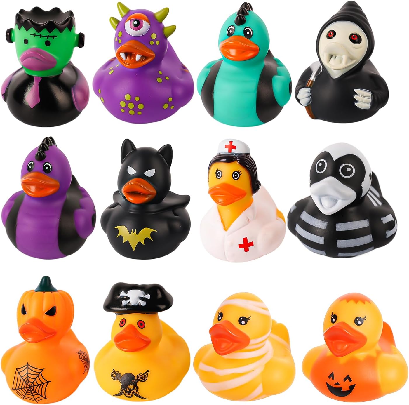12pcs Halloween Rubber Ducks, 2 Inch Assorted Halloween Themed Rubber Ducks Evil Funny Bath Ducky Toy Decoration for Halloween Party Favors
