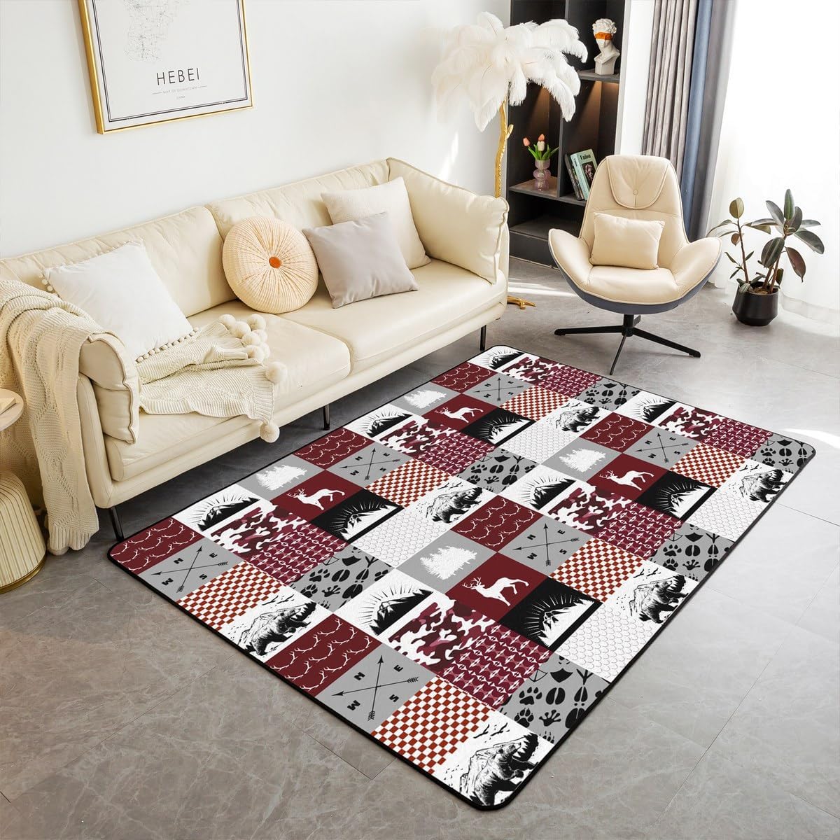 Rustic Camping Area Rugs 5x7, Hunting Bear Deer Rug for Girls Boys, Buffalo Plaid Patchwork Carpet Non Slip, Lodge Woodland Farmhouse Indoor Floor Mat for Bedroom Living Room Bedside, Pink Black Grey