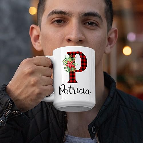 Miniatura 3 de Taza personalizada del alfabeto floral, regalos de taza con nombre personalizado, inicial de monograma a cuadros de búfalo rojo, 11 onzas, 15 onzas