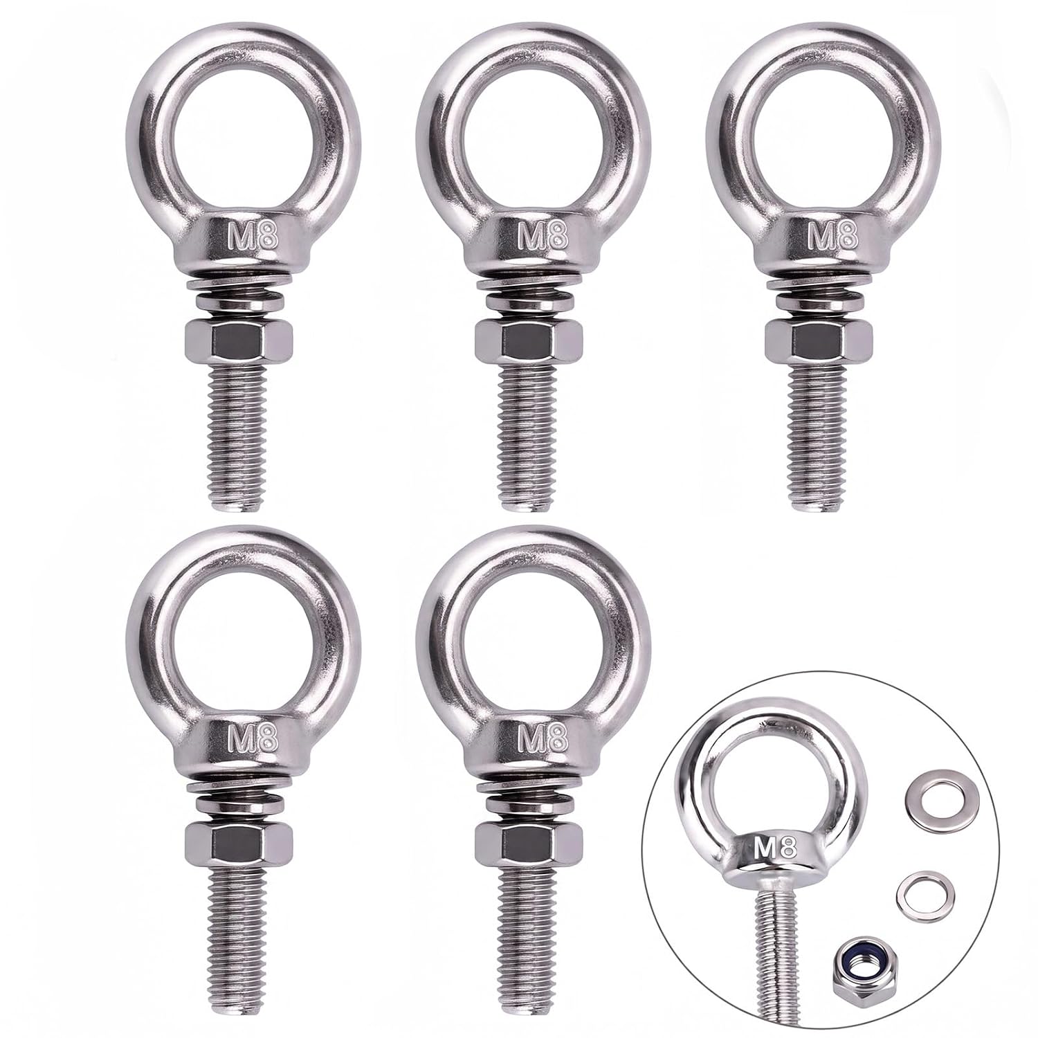 5 Pack M8 Stainless Steel Eye Bolts with Hex Nuts, Flat & Spring Washers, M8 30mm Machinery Lifting Eye Bolt Heavy Duty Ring Shape Eyebolt Hardware Kit for Outdoor Hanging, Tie Down, Marine Rigging