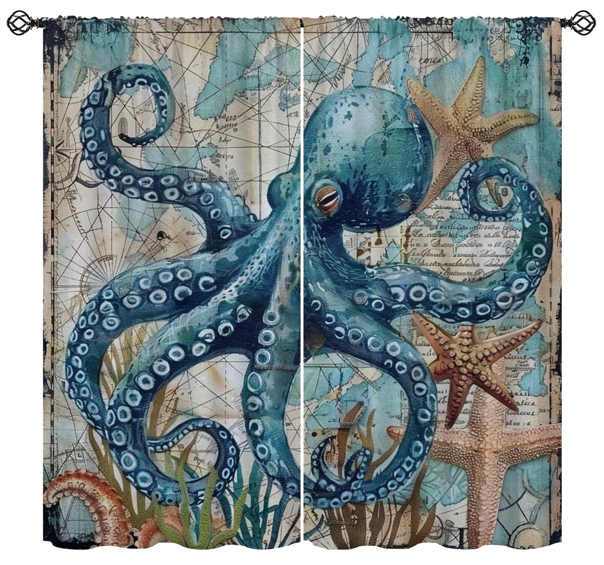 Octopus Blackout Curtains for Girls Boys Teens Home Decor, Nautical Map Ocean Animal Starfish Beach Rod Pocket Thermal Insulated Drapes Darkening Window Curtain for Bedroom Living Room, 42 x 45 Inch