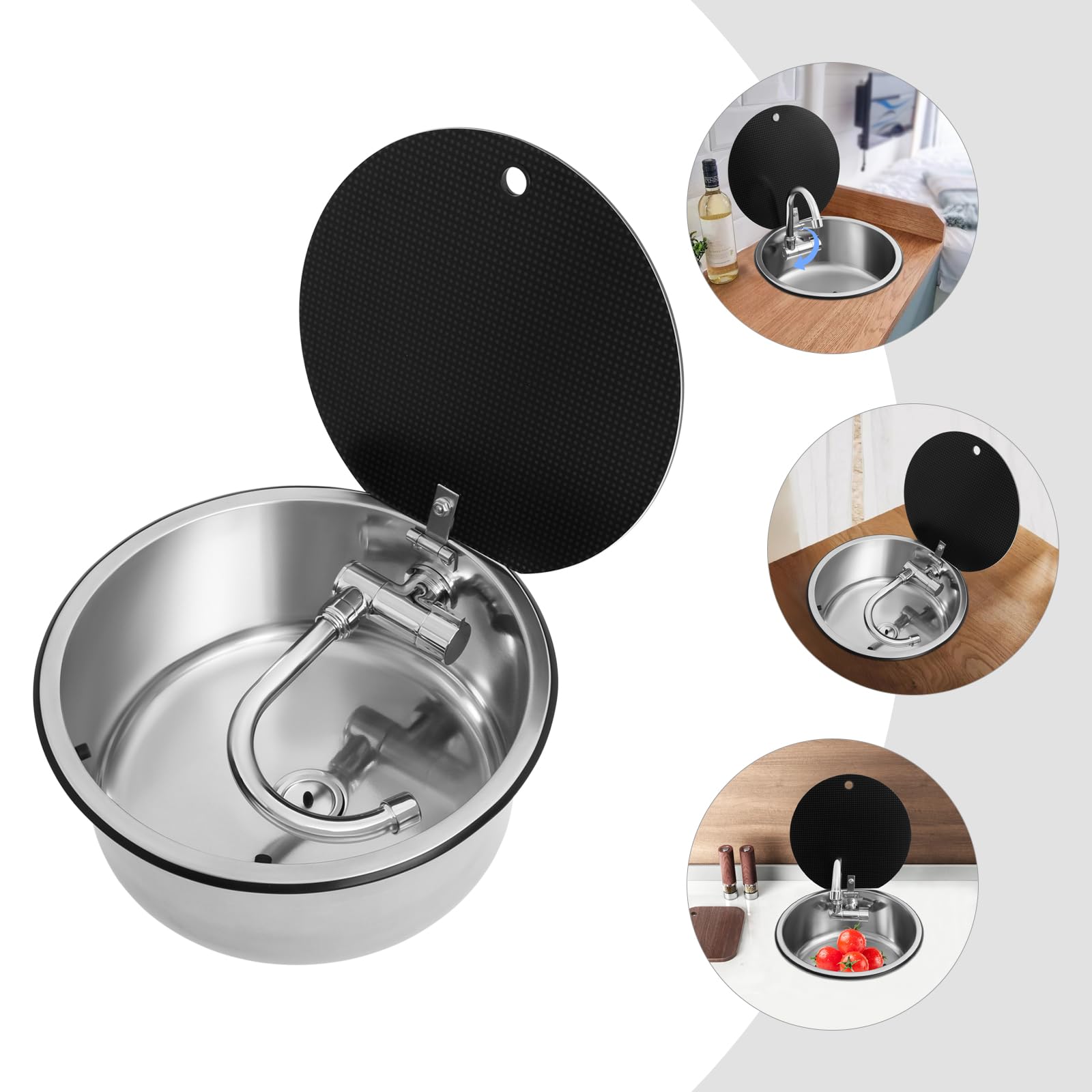 Vaschetta per lavabo, singola con coperchio, per camper con rubinetto pieghevole, tubo di scarico, lavello in acciaio inox per yacht, roulotte, camper