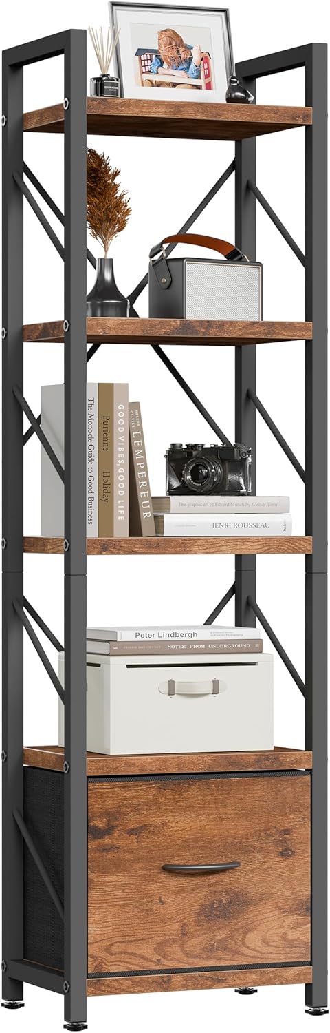 Shintenchi Bookshelf, 5 Tier Bookcase with Drawer, Modern Tall Bookshelves Storage Organizer, Industrial Book Shelves for Bedroom, Living Room, Office, Rustic Brown