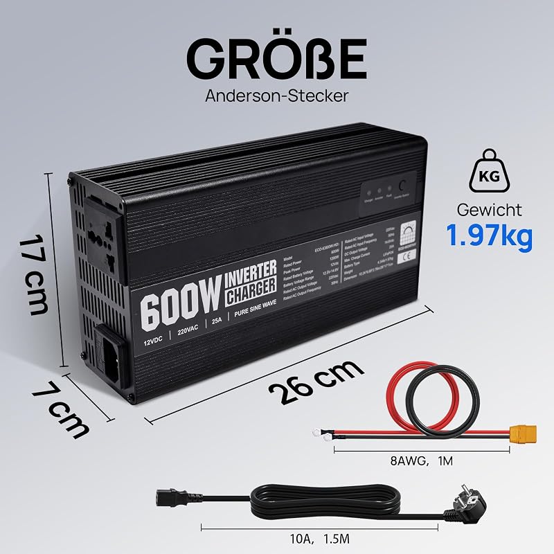 ECO-WORTHY 14,6V 25A LiFePO4 Akkumulátor Töltő 600W Színuszos Inverterrel - 12V-230V UPS Funkcióval, Hálózati Prioritás Kapcsolóval, Autóhoz