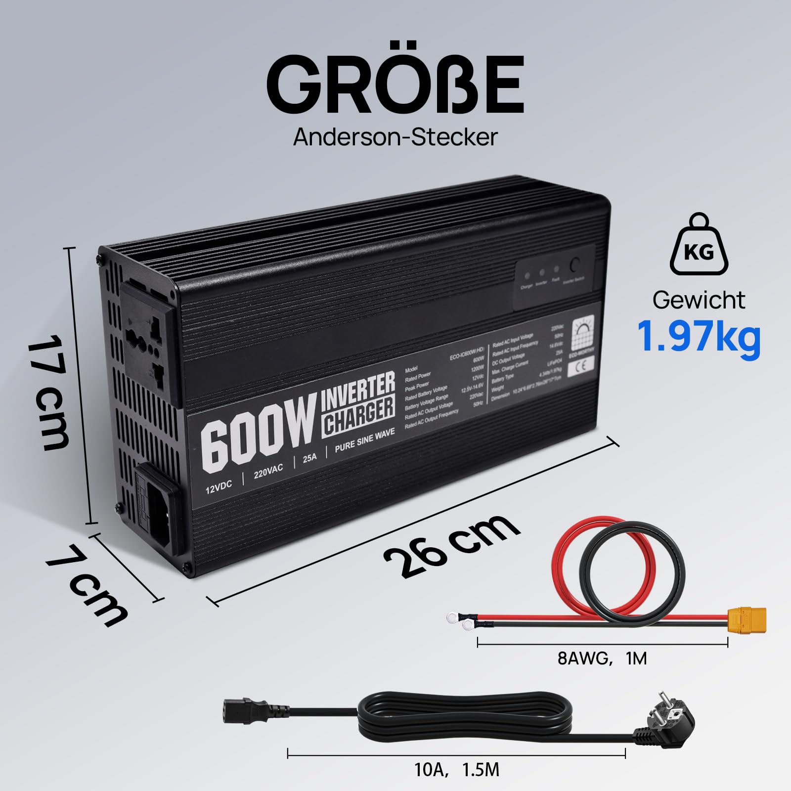 ECO-WORTHY 14,6 V 25 A LiFePO4 ładowarka z falownikiem 600 W, 12 V na 230 V, priorytetowym przełączaniem i funkcją USV, do akumulatorów LiFePO4 Deep Cycle, samochodów osobowych, ciężarowych