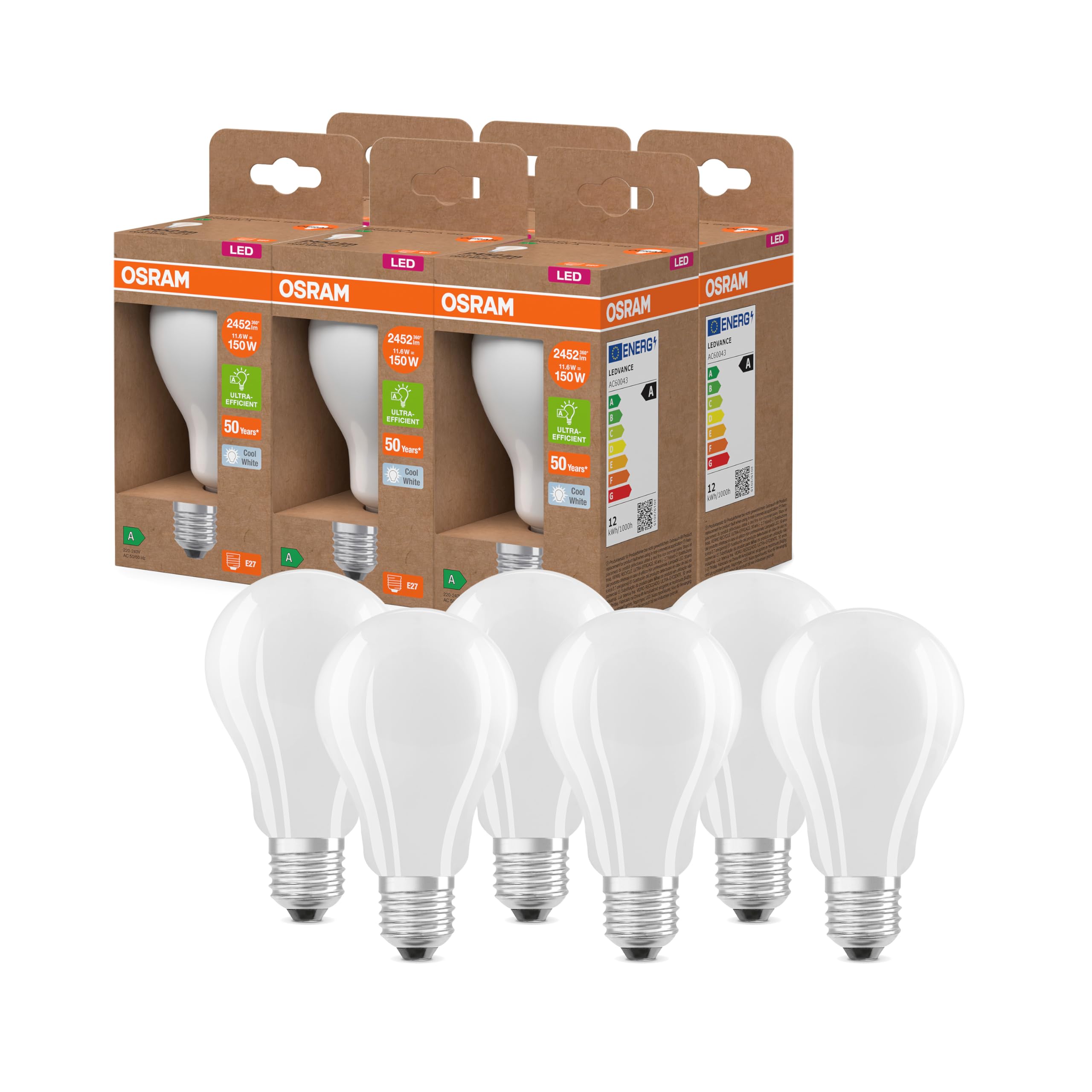 OSRAM LED-Lampe in klassischer Minikerzenform, mit dekorativem LED-Filament, Energieeffizienzklasse A, E14, 1.2 W, 255 lm, 4000 K, kaltweiß. Ohne Aufwärmen, 6-Pack, White